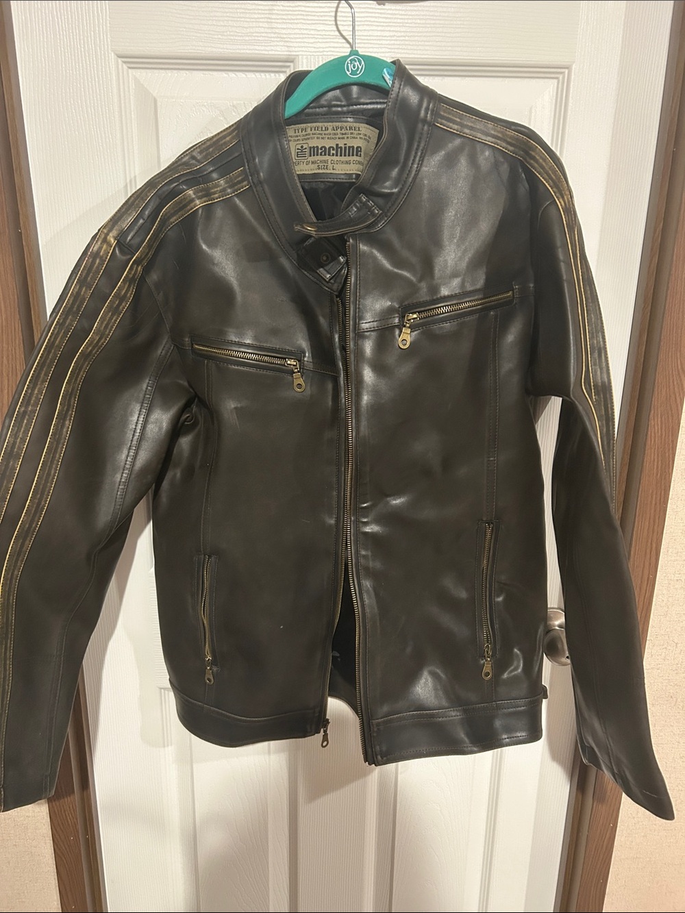 Machine Men's Dark Brown Leather Bomber Jacket with Gold Zippers large